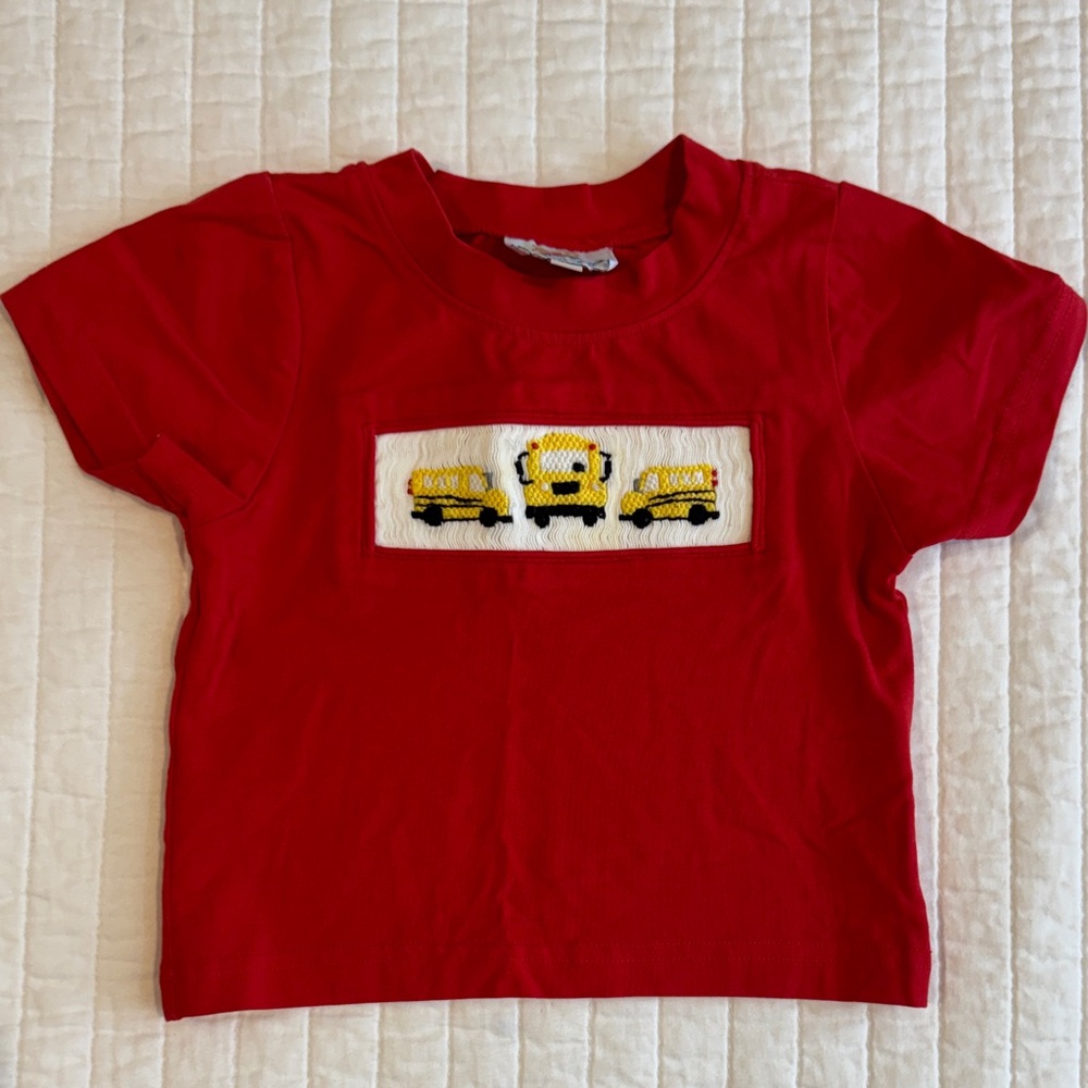 Red Kids Short Sleeve Tee with School Bus Design